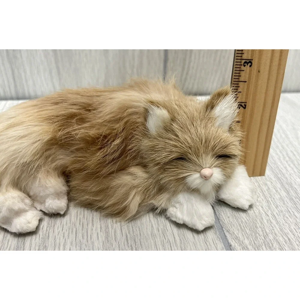Vintage Realistic Furry Cat Figurine‎ Tan and White Sleeping Cat Soft